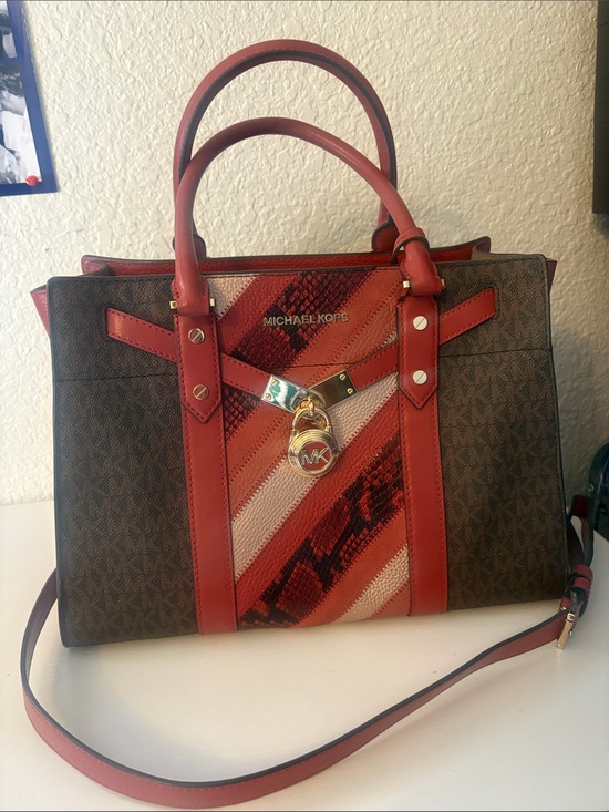 Michael Kors Handbags - Michael Kors Red and Brown Logo Stripe Satchel with Gold Lock